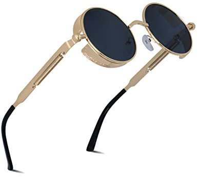 besbomig Lunettes de Soleil Homme Femme Polarisée Steampunk Lunette et Accessoires Vintage Ronde Cadre Métallique UV400 Protection