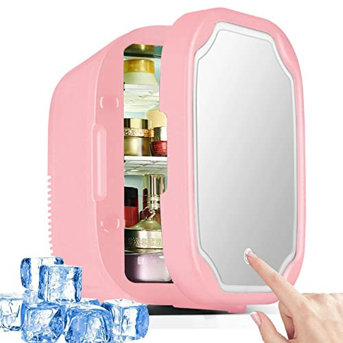 Yadlan Mini Réfrigérateur Cosmétique 8L avec Lumière LED Tactile et Miroir Petit Frigo de Chambre AC/DC 2 en 1 Portable Fridge Électrique avec Fonction Chaud/Froid pour Voiture(Color:Rose)