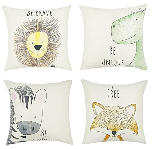 FenFang Fundas para Cojines 45x45 cm Cuadrados, Pack of 4 Fundas de Cojín Sofa Lino, Fundas Caso de Almohada Decorativa para Sofá Cama Coche Sala de Estar Sillas Jardín Hogar Verano (Animal Beis)