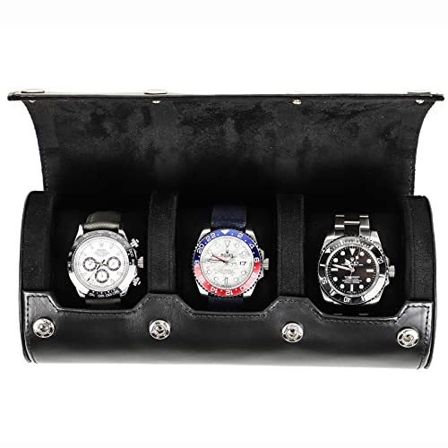 CONTACTS Boîte à montre de voyage en cuir véritable, rouleau Organisateur de montres pour 3 montres Housse de protection portable pour affichage de montre pour voyage Vintage (Noir-CF1135)