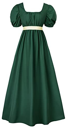 FRIUSATE Grünes Regency-Kleid, Renaissance-Kleid, Regency-Kleider für Damen, Kostüm mit Schärpe, Empire-Taille, gerüschte Puffärmel, langes Kleid für Partys, Hochzeiten und Gala, dunkelgrün, XL
