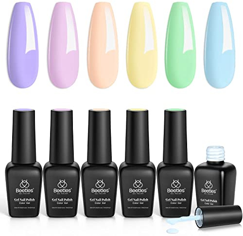 Beetles UV-gel nagellack set – 6 färger snabbtorkande nagelkonst pastellfärger populära makaron lila rosa gul blå gel polish nagel nagellack kit höst gåva för kvinnor nybörjare nagelkonst