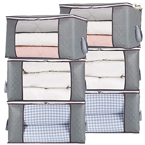 combocube 6Pcs Zippered Storage Bag for Closet King Comforter, pillow, quilt, bedding, Clothes, Blanket Organizers with Large Clear Window & Carry Handles Space Saver