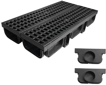 NATOTELA Entwässerungsrinne 2er Set (1m) mit Stegrost aus HDPE mit 1 Paar Stirnwände Bodenrinne A15. Drainagekanal 10cm breit 5.5cm hoch Entwässerungssystem Total 1m für Garten, Terrassen