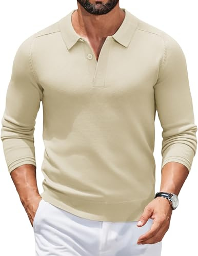 COOFANDY Pull pour Homme Pull Tricoté Col Polo Manches Longues Chandails Casual Sweatshirt Manche Longue Couleur Unie Confortable Mode Couleur Crème 3XL