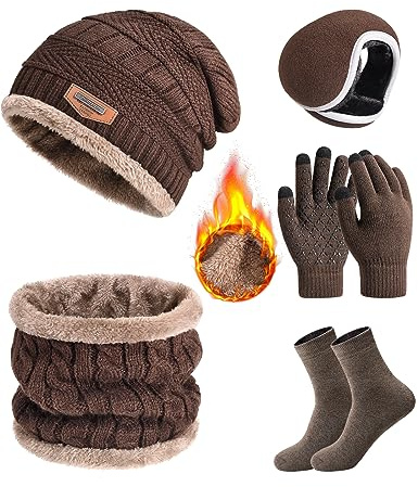Vijamiy Ensemble Bonnet Écharpe pour Homme Beanie Bonnet Hiver Foulard Polaire Doublé Gant Tactile Cache Oreilles Chaud Chaussettes Tricotés Thermiques 5 en 1(Café)
