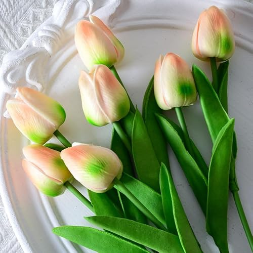 Ykybhx 20PCS Real Touch Green Champagne Tulips Artificial Flowers with Long Stem Leaves Faux Tulips Flowers Fake Tulip Flowers for Home Decor Party Floral Arrangements Wedding Bouquets Table Decor 07