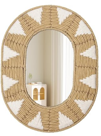Miroir mural ovale en rotin - Style bohème moderne - Avec crochet en métal - Décoration murale bohème - Pour salle de bain, entrée, salon, chambre