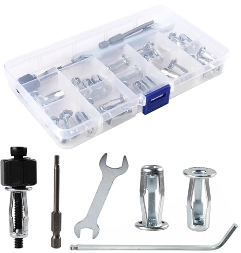 34PCS Cavity Wall Fixings Anchors Set,M4 Jack Nuts Expansion Nut | Thins Fixings Dowels with Screws Hollow Wall Anchor With M4 Riveter, Wrench, Bit for Hollow Plate, Door, Plasterboard