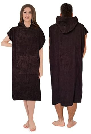 Tuva Home Badeponcho Damen und Herren | Einheitsgröße | Baumwollfrottee Umziehponcho mit Kapuze | Handtuch Poncho Erwachsene mit Tasche | Strandponcho für Schwim und Surf (Braun)