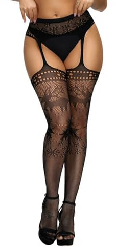 Buitifo dam lår höga strumpbyxor mönstrade tights garter fisknät strumpbyxor, Svart XL, M