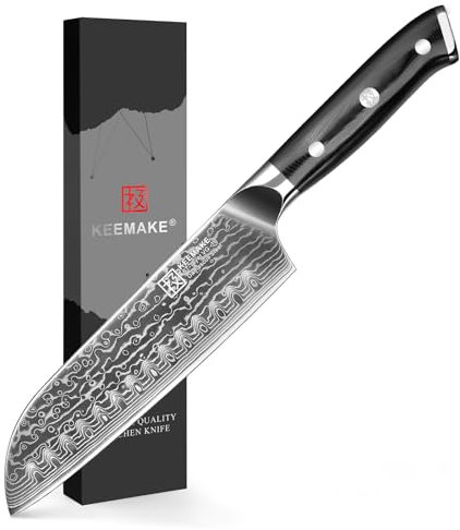KEEMAKE Damascus Santoku Knife Japanese- 7 Inch Sharp Kitchen Knife with 67-Layer Japanese Damascus Steel VG-10 Blade Chef Knives and Ergonomic G10 Glass Fiber Handle Chefs Knives