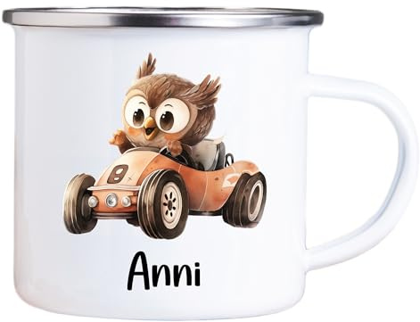 4youDesign Emaille Tasse Kinder personalisiert – Tierauto Eule – Vogel Namenstasse – Geschenk für Jungen & Mädchen – Bruchsicher & Leicht – Geschenkidee zur Einschulung & Geburtstag - 300ml