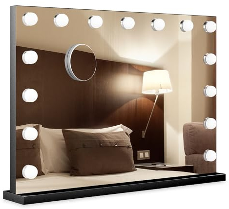 Bayt Schminkspiegel mit Beleuchtung 80x60 cm – Hollywood Kosmetikspiegel Schwarz | Tischspiegel Dimmbar mit 18 LED Lampen, 3 Lichtmodi & 10-Fach Vergrößerungsspiegel | Standspiegel für Schminktisch