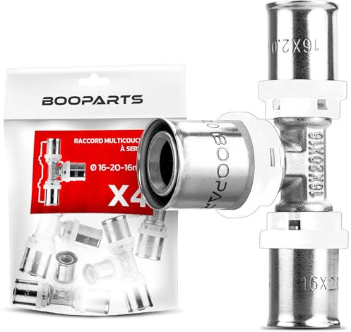 BOOPARTS – 4 Pièces – Té Réduit à Sertir Ø16–20–16 | Raccord Multicouche Contour TH | Raccord Plomberie Durable et Étanche pour Chauffage et Eau Sanitaire