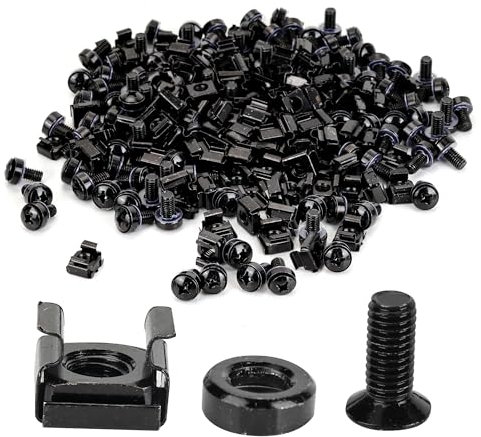 Aramanara 100 Pack M6 x 16 mm Rack Mount Cage Nuts, Screws and Washers, Server Rack Screws, Square Insert Nuts and Bolts for Cabinets, Mounting Routers(Black)