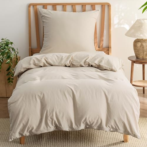 BEDSURE Bettwäsche 135x200 Baumwolle 2teilig - Beige, 1 Kissen 80x80 cm | 100%Baumwolle Bettwäsche Set mit Reißverschluss, 1 Bettbezug+1 Kissen, Gewaschene Leinenoptik, Atmungsaktiv & Weich, Oeko-TEX
