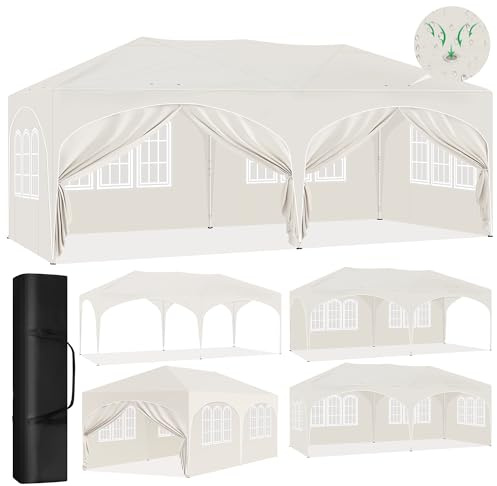Laneetal Tonnelle de Jardin 3x6m, Tonnelle Pliante, Pavillon Imperméable, Tente Pliable avec 6 Parois Latérales et Fenêtres, Barnum Réglable en Hauteur, pour Camping Barbecue Fête Plage, Beige