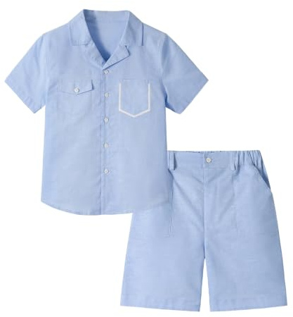 LOLANTA Completo Estivo Bambino in Cotone e Lino, Set Camicia a Maniche Corte Blu e Pantaloncini, Abbigliamento per Vacanze(Blu, 7-8 anni, 130)
