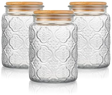3-Pack 700ml Glass Canisters Set, Coffee Tea Sugar Spices Storage Jars | With Airtight Wooden Lids, Begonia Floral Vintage Design Kitchen Pantry Containers For Candy, Flour, Oats, Coffee Bean