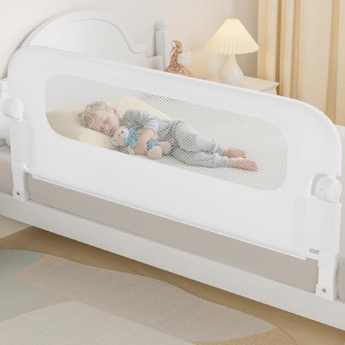 NUTIKAS Baby-Bettgitter für Kleinkinder, 150 cm, Bettgitter für Doppelbett, Doppelbett, Queen-Size-Bett, Etagengröße, Bettgitter, extra hoch, Kindersicherung, Seitengeländer für Kinder, Weiß