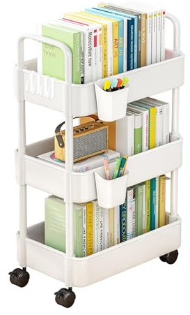 Jiakalamo 3 Tier Rolling Utility Cart Organizer,Plastic Utility Storage Carts with Hooks & Hanging Box,Kitchen Storage Organizer,Kitchen Cart with 2 Lockable Wheels and Handlefor Snack Craft Makeup