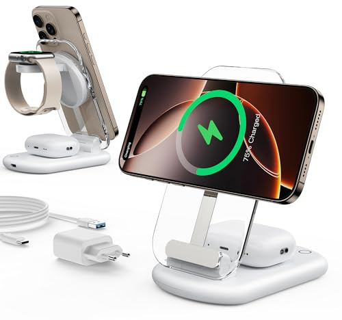 Chargeur Mag Safe, Station de Recharge Apple Watch et iPhone, 3 en 1 Compatible avec iPhone 17e 17 16 15 14 13 12 Pro Max/Air/Plus/Pro, pour Apple Watch 10/9, Airpods 3/2/Pro, Pliable, Blanc