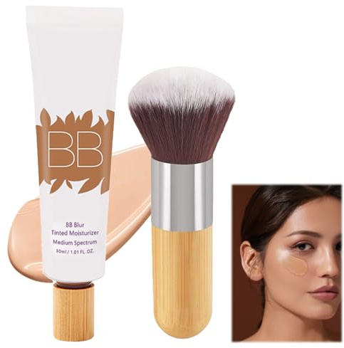 BB Blur Tinted Moisturizer with Brush, BB Tinted Moisturiser Spf30+, Hydrates & Smooths Your Skin，Medium to Full Coverage, Matte Finish, All Skin Tones, BB Cream with Broad Medium Spectrum(Natural)