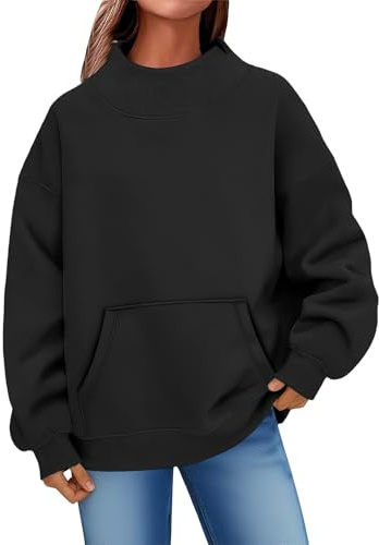 Générique Överdimensionerad tröja för dam - damkrage toppar med två fickor tröja vår höst toppar långärmad tröja fritid utomhus sweatshirt bekväm tröja, svart, S