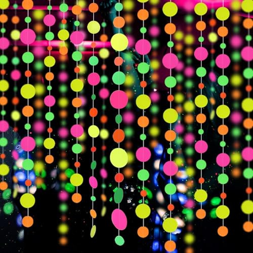Neon Perlenvorhang Schwarzlicht Deko, 2,5M Papiergirlande UV Schwarzlicht Papier Girlande, 2 Stück, Neon Party Deko Disco Party Banner Girlande
