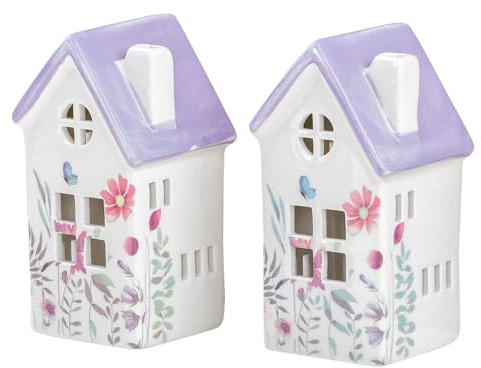 levandeo 2er Set Windlicht Häuser Lila Porzellan Teelichthalter Blume Frühling Tischdeko Violett Blumenmuster Deko Kerze Kerzenhalter