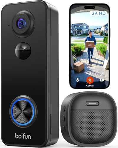 BOIFUN 2K Timbre Inalámbrico con Cámara,Visión 180° sin Puntos Ciegos,Negro