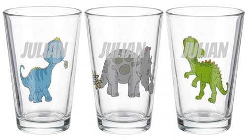 LUXENTU Kinderbecher Dino mit Gravur, Name horizontal, 205 ml, 3 Stück | Personalisierte Becher für Kinder mit bedrucktes Motiv, Individualisierbar mit drei Namen, Spülmaschinengeeignet