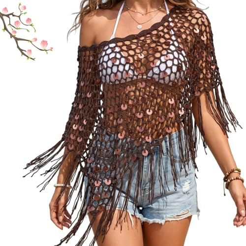 Franspaljettvirkad Poncho Kvinnor Lätt Stickad Virkad Mesh Dampaljetter Cover Up Off Shoulder Hollow Out Sjal Fransstopp Y2k Strandbaddräkt Semester(Coffee)