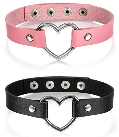 Cupimatch Damen Choker Kette Halskette Set Herz Leder Halsband einstellbar Kragen Rosa Blau Schwarz für Frauen