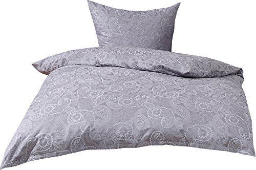 Bettwaesche-mit-Stil Mako Satin Damast Paisley Bettwäsche Garnitur Davos 135x200 + 80x80 weiß - grau