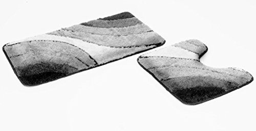 Goodway 2-teiliges Badematten Set Wave, grau mit Ausschnitt │ Größe: 50x90cm, 50x45cm │ Rutschhemmend, waschmaschinenfest, geeignet für Fußbodenheizung