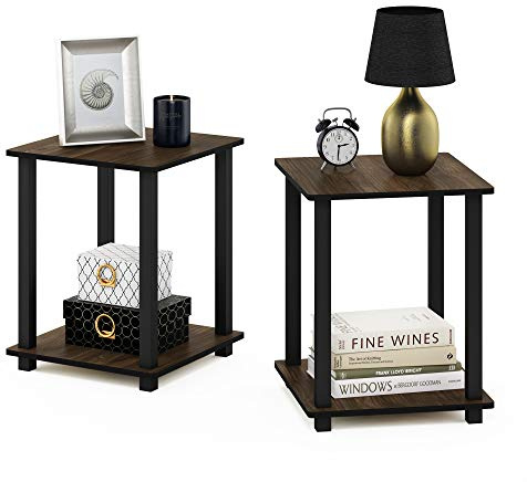 Furinno SIMPLISTIC Side Table Set of 2, 2-Tier End Table, Nightstand, Night Stand, Bedside Table, Easy Assembly, for Living Room, Bedroom, Columbia Walnut