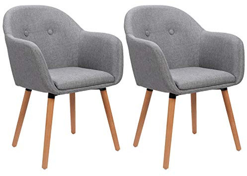 WOLTU Esszimmerstühle 2er Set Küchenstühle Wohnzimmerstühle Polsterstühle, Armlehnstühle mit Rückenlehne, für Esszimmer, Küche, Wohnzimmer, Leinen, Gestell aus Massivholz, Hellgrau, BH94hgr-2