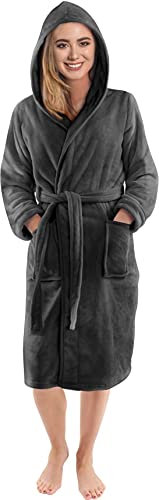 NY Threads Lyxiga Dam Morgonrockar med Huva | Super Soft Fleece badrock | Mysiga Plyschkläder och Nattkläder (Mörkgrå, Medium)