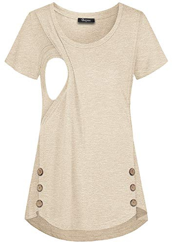 connche Nursing Clothes for Breastfeeding, Quinee Nursing Shirts Crew Neck Pregnancy T Shirt Women Comfort Loose Fitting Flared Aline Hem Cute Blouse Button Details Tops Maternity Tunic Beige XXL
