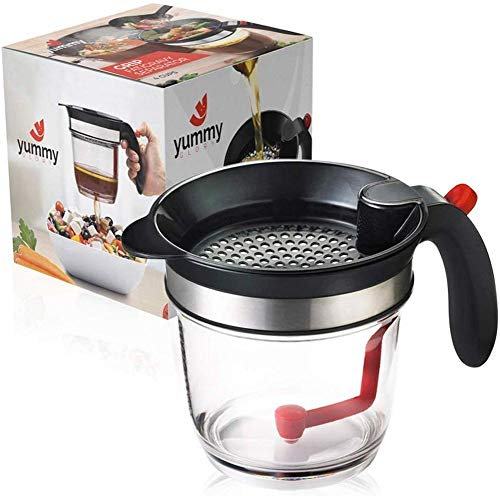 Separador de grasa con fácil liberación inferior, 4 tazas de grasa y salsa separador con colador, resistente al calor, caldo sin grasa para salsas, sopas y salsas