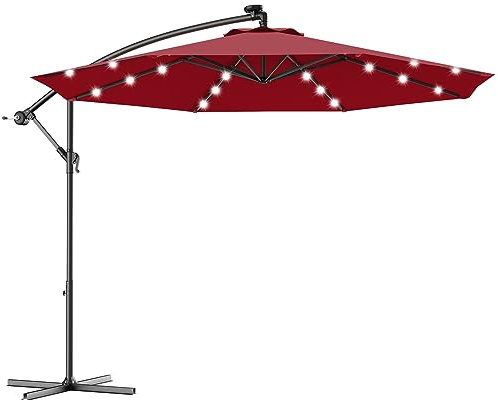 COSTWAY Ombrellone da Giardino con Luci LED, Diametro 3M, Ombrellone da Esterno con Inclinazione Regolabile e 8 Costole, Protezione UV, Ideale per Piscina, Balcone, Giardino, Bar (Rosso)