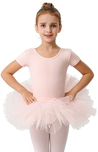 MdnMd Toddler Ballet Tutu Leotard Ballerina Outfit for Girls Dance Dancewear Short Sleeve Glitter Dress (Ballet Pink, Age 2-4 / 2t,3t)