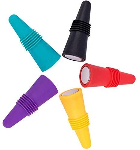 BOBOZHONG Tappo Vino Silicone,5 Pezzi Tappo per Vino in Silicone,Tappi per Bottiglie Riutilizzabili con Vite per Conservare Birra,Champagne, Bevande Alcoliche,Spumante