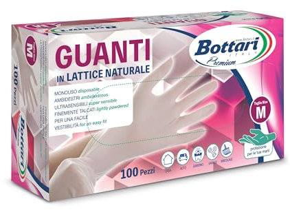 Bottari Guanti in Lattice Monouso con Talco, Confezione da 100 Pezzi, Taglia M, Resistenti e Comodi