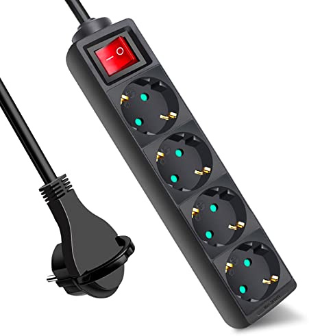 EXTRASTAR 4 Fach Flachstecker Steckdosenleiste mit Schalter, 5m Kabel | Mehrfachsteckdose Flacher Stecker mit Kindersicherung, 3G1.5mm², 16A, 3680W für Zuhause, Büro, Schwarz
