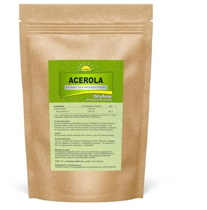 Premium Acerola-Extrakt (hochdosiert, mind. 25% Vitamin C nach HPLC-Messmethode), ohne unerwünschte Zusätze, 250 g Pulver im Beutel, Bonemis®