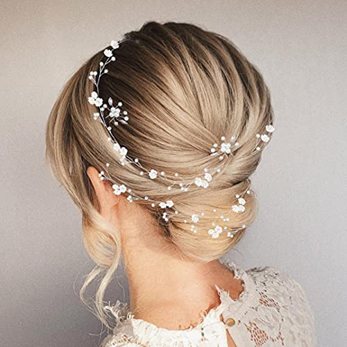 Bridal Wedding Hair Vine,Extra Long Pearl and Crystal Beads Bride Head Piece,Silver Hair Accessories for Women and Girls (Silver)