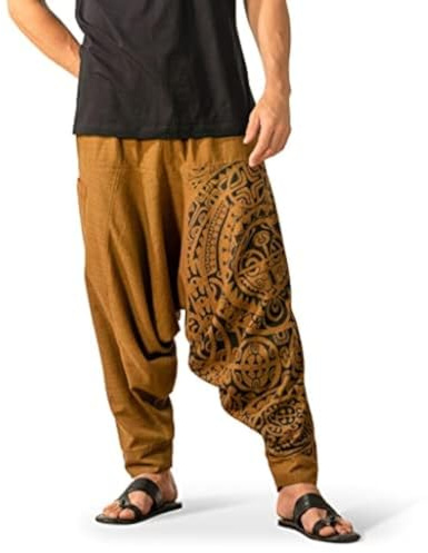Men's Harem Pants with Pocket for Dance, Boho Hippie Cotton Oversized Tribal Asian Style Outfit for Men, Mustard - Mythical Mana, One Size
